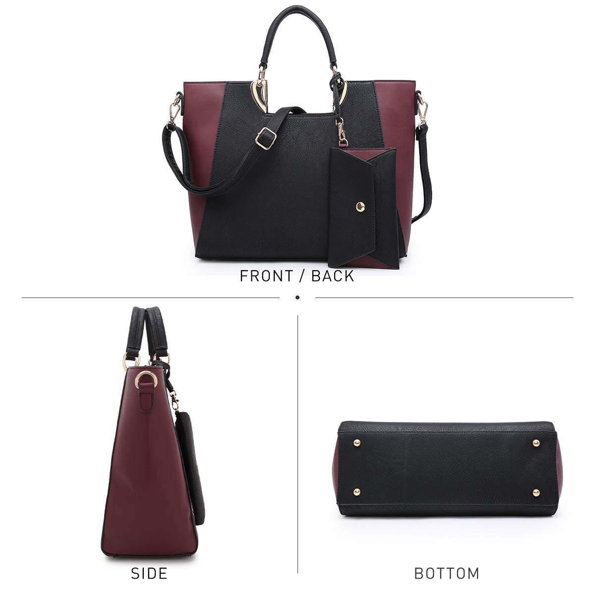 Women's Two-Tone Vegan Leather Tote Purse Large Top Handle Satchel Work Bag with Matching Wristlet