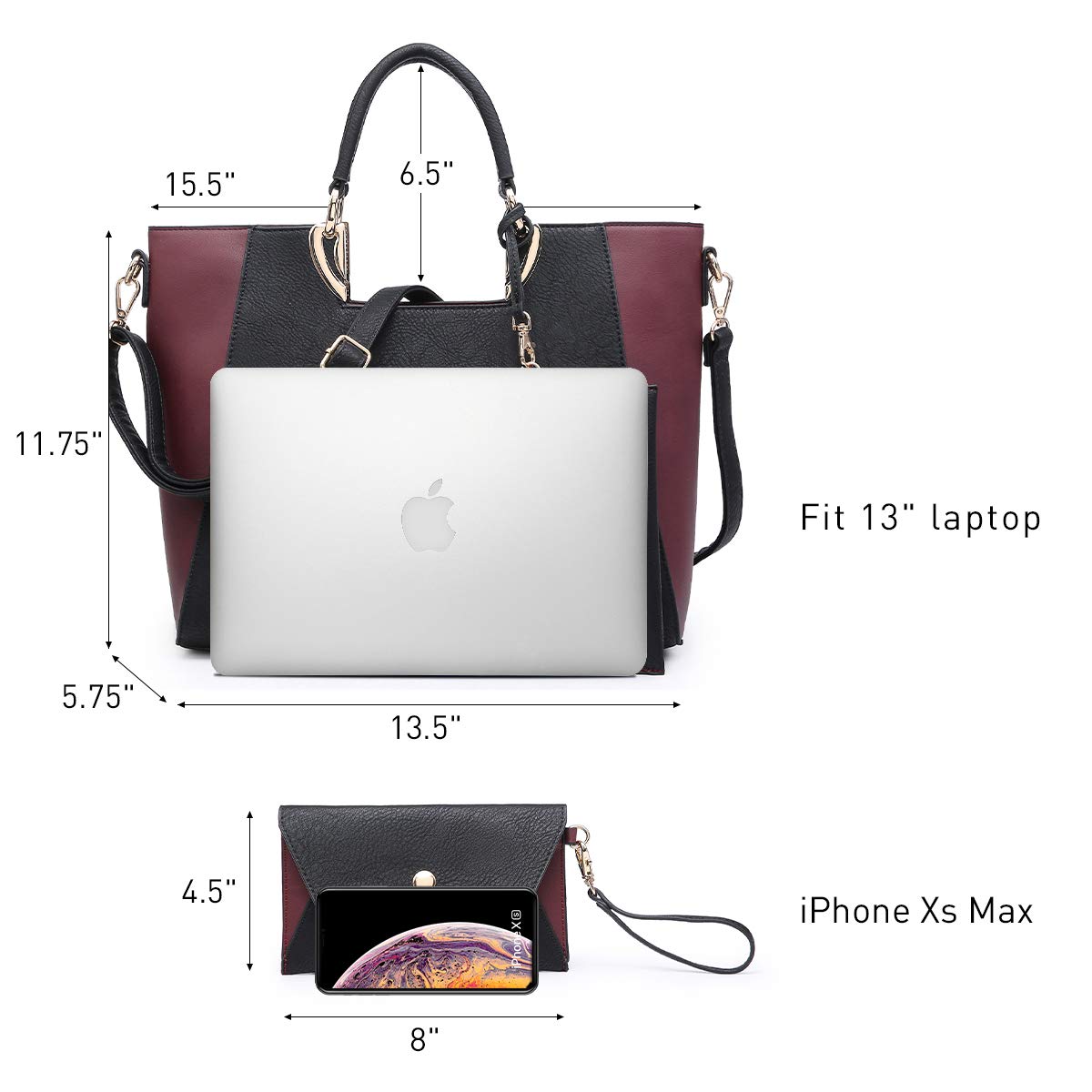 Women's Two-Tone Vegan Leather Tote Purse Large Top Handle Satchel Work Bag with Matching Wristlet