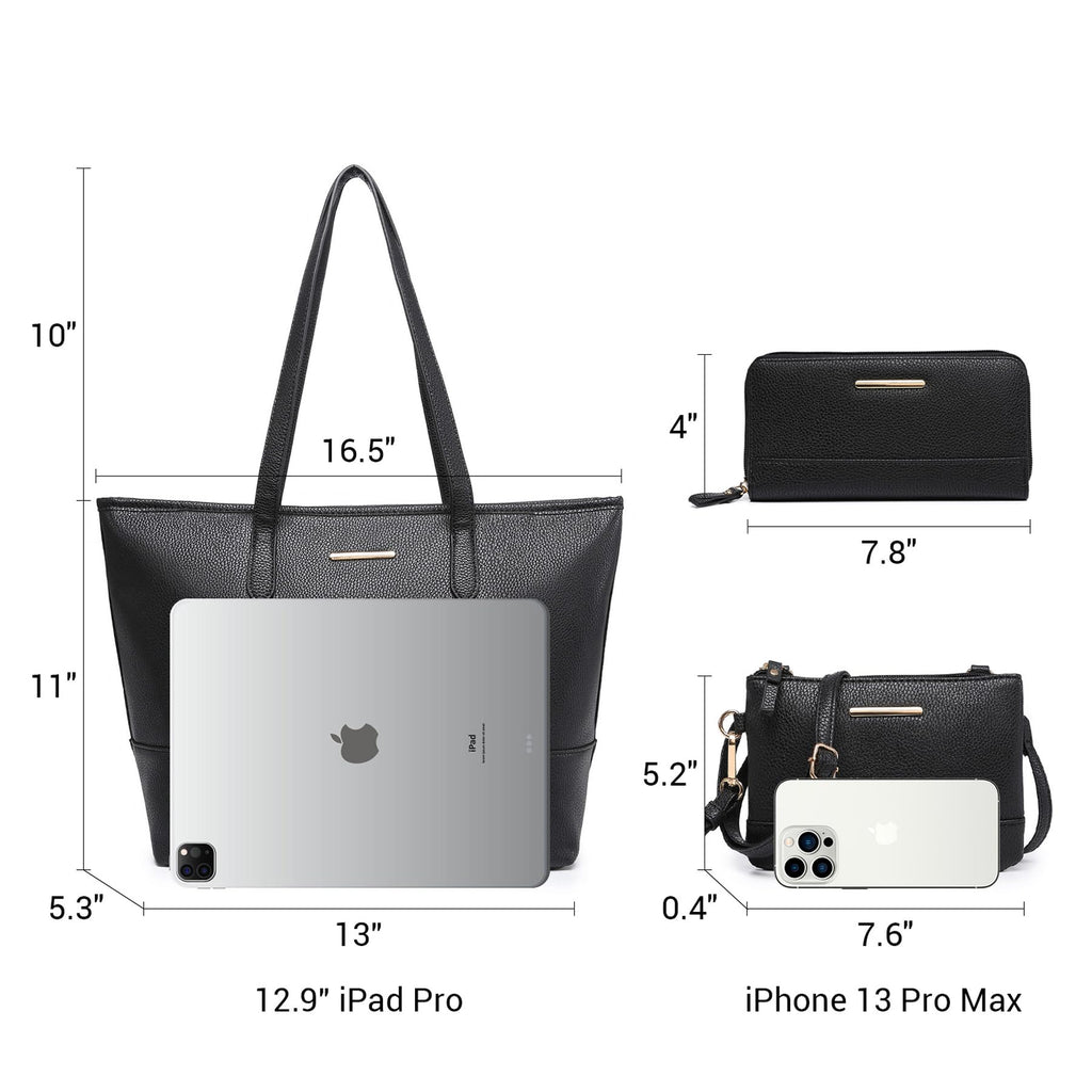 3PCS Women's Vegan Leather Tote Bag Set - Stylish Top Handle Satchel Purse Shoulder Bag Handbag and Wallet