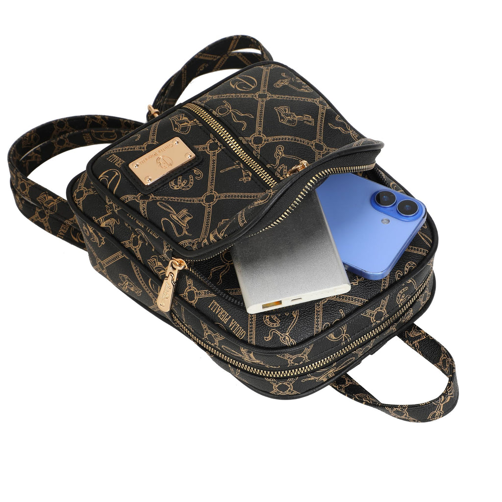 Small Backpack Purse for Women, Giulia Pieralli Designer Pattern Faux Leather Fashion Travel Bag, Elegant Multi-Pocket Ladies Daypack