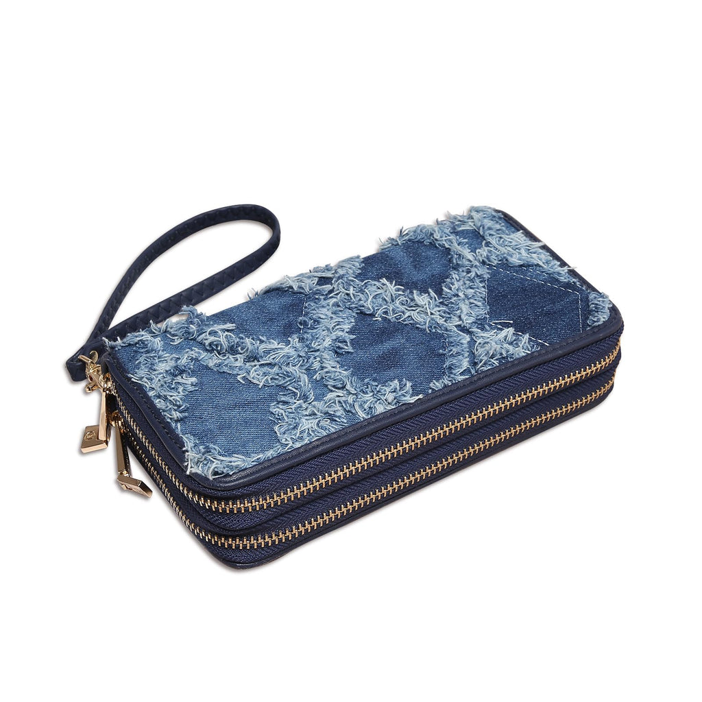 Womens Fashion Double Zip Around Wallet Long Purse Credit Card Holder Bifold Ladies Cluth Wristlet Wrist Strap