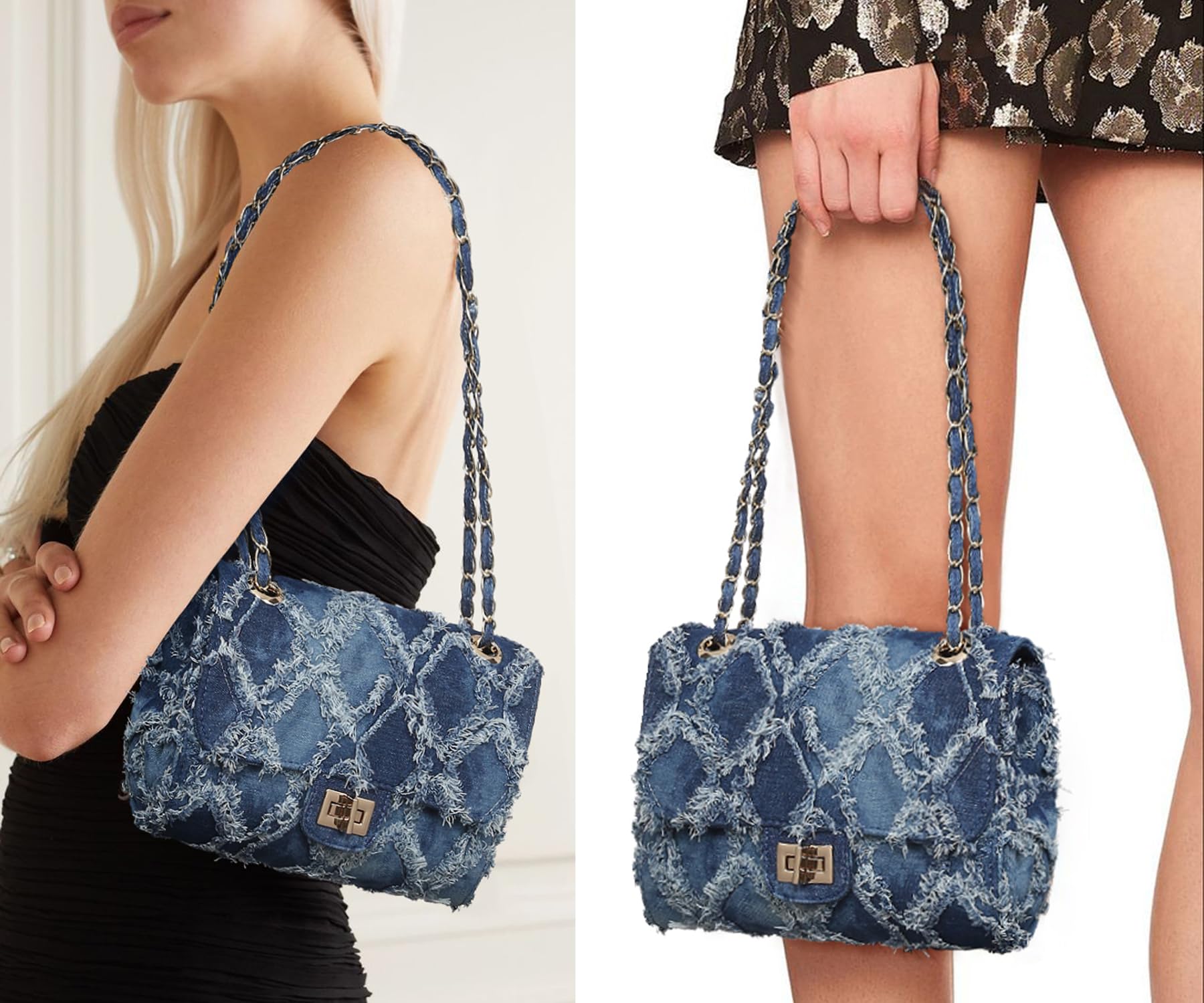 Women Small Shoulder Bags Quilted Crossbody Distressed Jean Denim Purse Evening Bag Clutch Handbag with Chain Strap