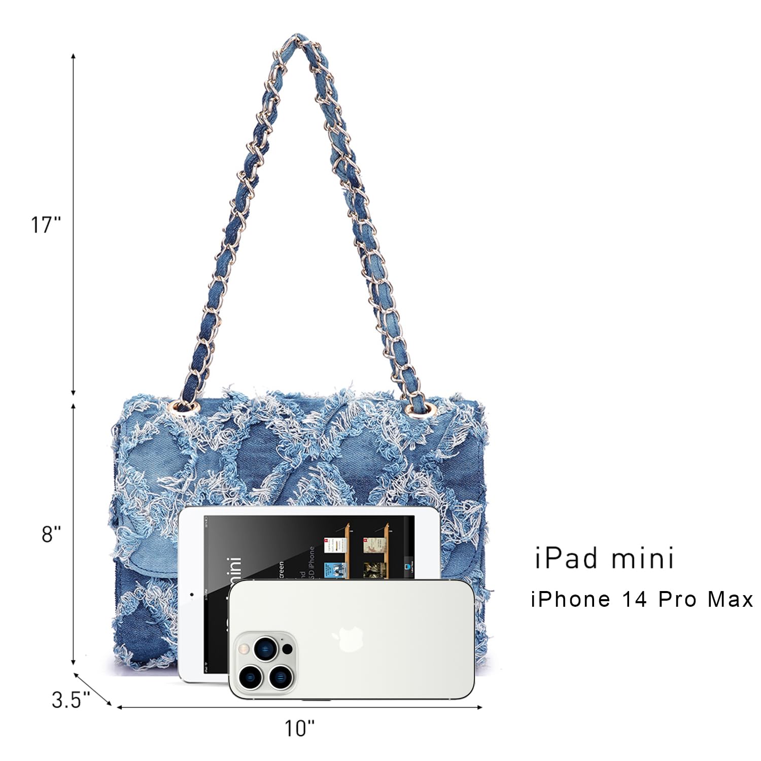 Women Small Shoulder Bags Quilted Crossbody Distressed Jean Denim Purse Evening Bag Clutch Handbag with Chain Strap