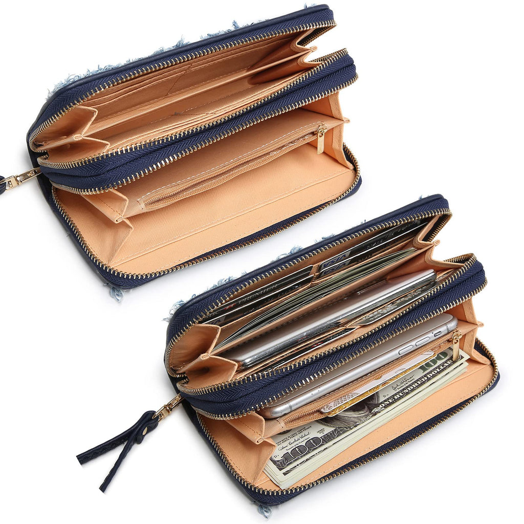 Womens Fashion Double Zip Around Wallet Long Purse Credit Card Holder Bifold Ladies Cluth Wristlet Wrist Strap