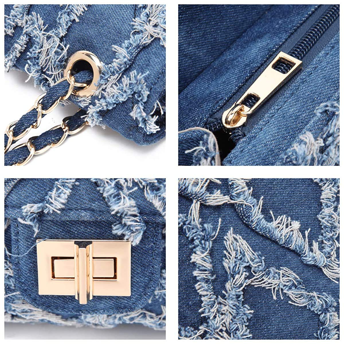 Women Small Shoulder Bags Quilted Crossbody Distressed Jean Denim Purse Evening Bag Clutch Handbag with Chain Strap