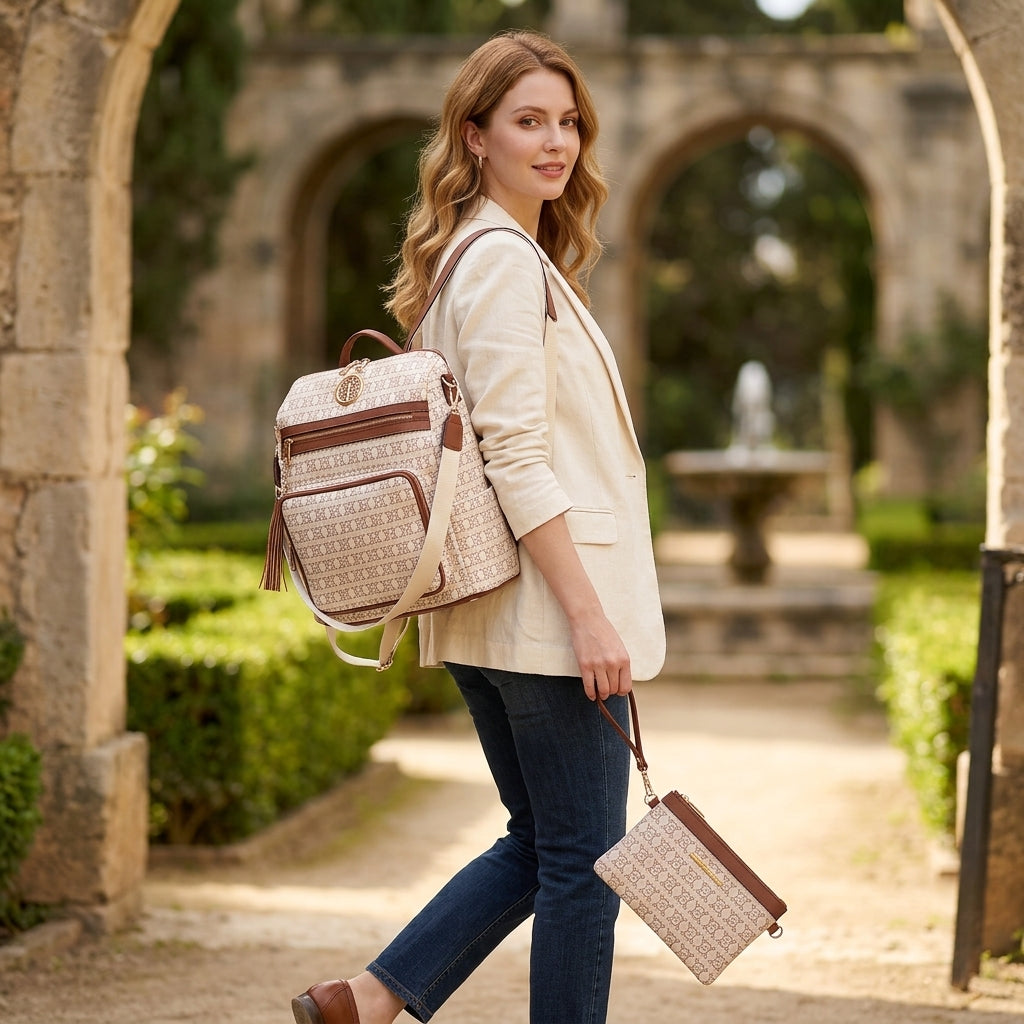 Women Fashion Backpack Purse Convertible Large Ladies Rucksack Travel Shoulder Bags Handbag Set 2pcs w/Tassel