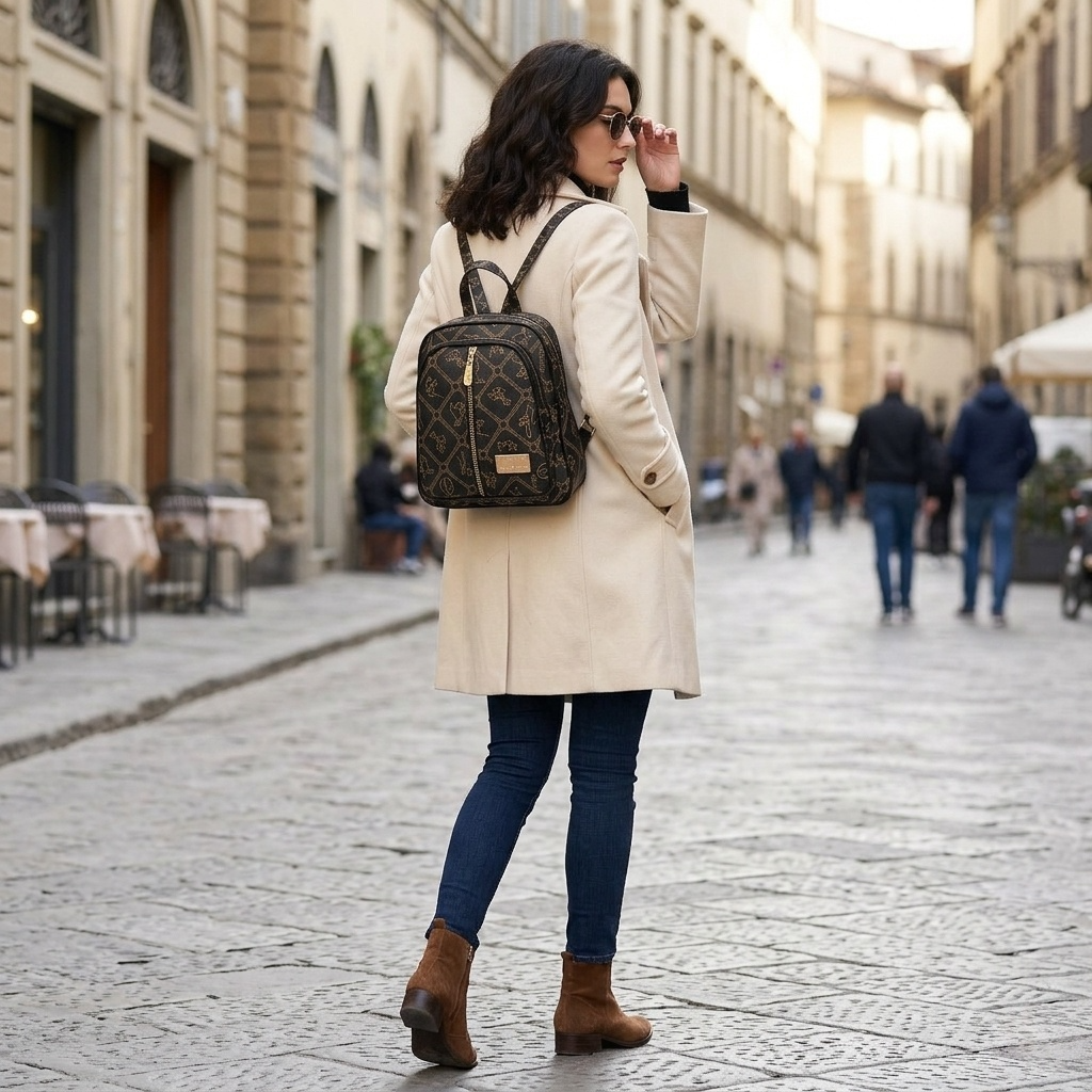 Small Backpack Purse for Women, Giulia Pieralli Designer Pattern Faux Leather Fashion Travel Bag, Elegant Multi-Pocket Ladies Daypack