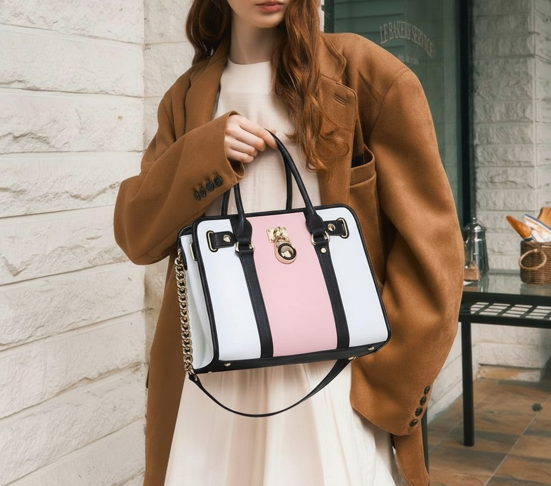 Women Satchel Handbags Purses Two tone Top Handle Tote Shoulder Bags with Matching Wristlet Wallet Set 2pcs