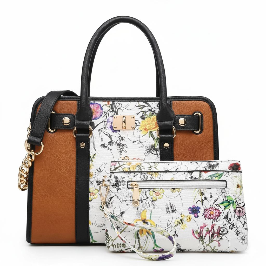 Women Satchel Handbags Purses Two tone Top Handle Tote Shoulder Bags with Matching Wristlet Wallet Set 2pcs