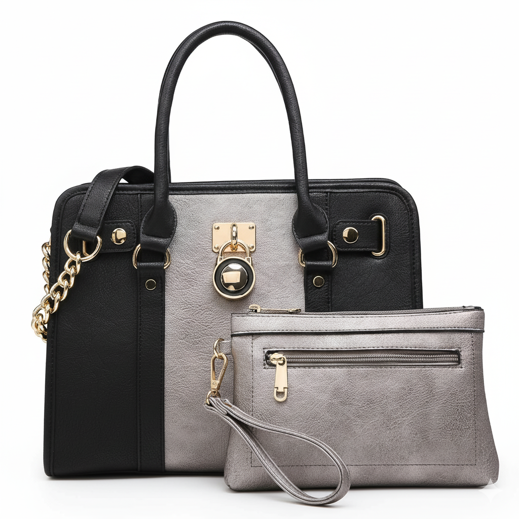 Women Satchel Handbags Purses Two tone Top Handle Tote Shoulder Bags with Matching Wristlet Wallet Set 2pcs