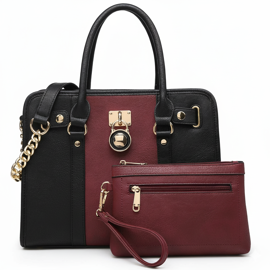 Women Satchel Handbags Purses Two tone Top Handle Tote Shoulder Bags with Matching Wristlet Wallet Set 2pcs