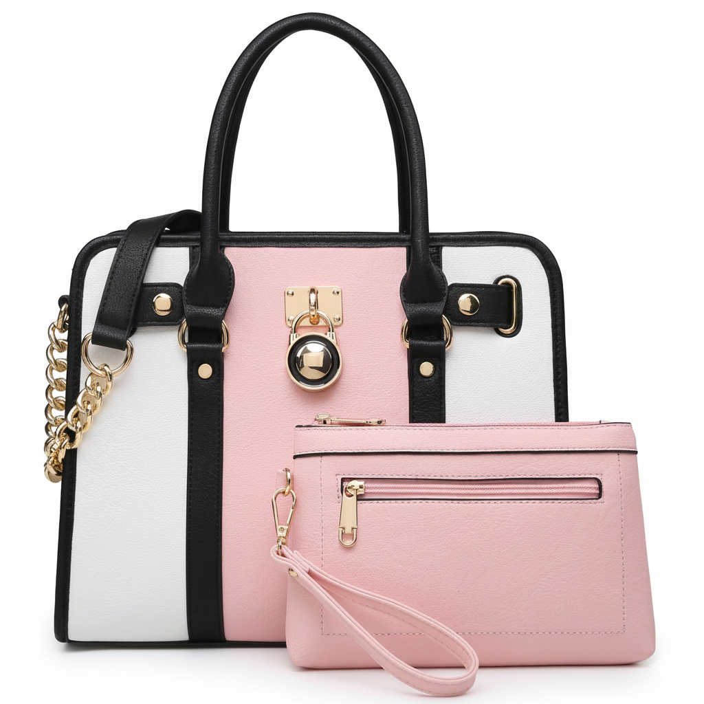 Women Satchel Handbags Purses Two tone Top Handle Tote Shoulder Bags with Matching Wristlet Wallet Set 2pcs