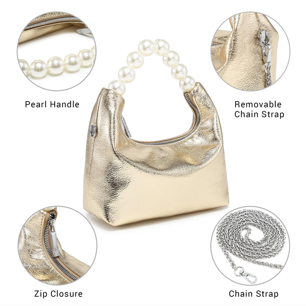 Pearl Handle Evening Clutch Purse for Women - Stylish Small Top Handle Handbags with Detachable Chain Strap for Wedding Party
