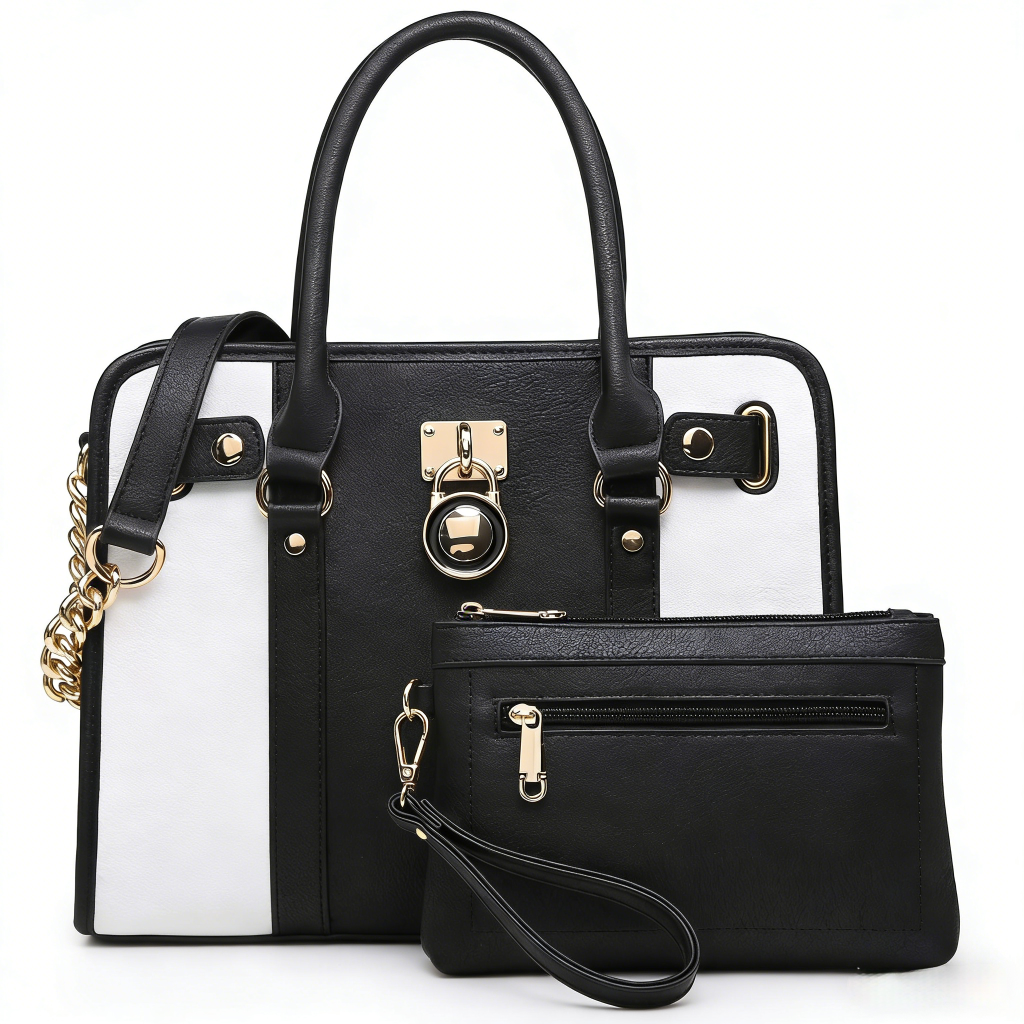 Women Satchel Handbags Purses Two tone Top Handle Tote Shoulder Bags with Matching Wristlet Wallet Set 2pcs