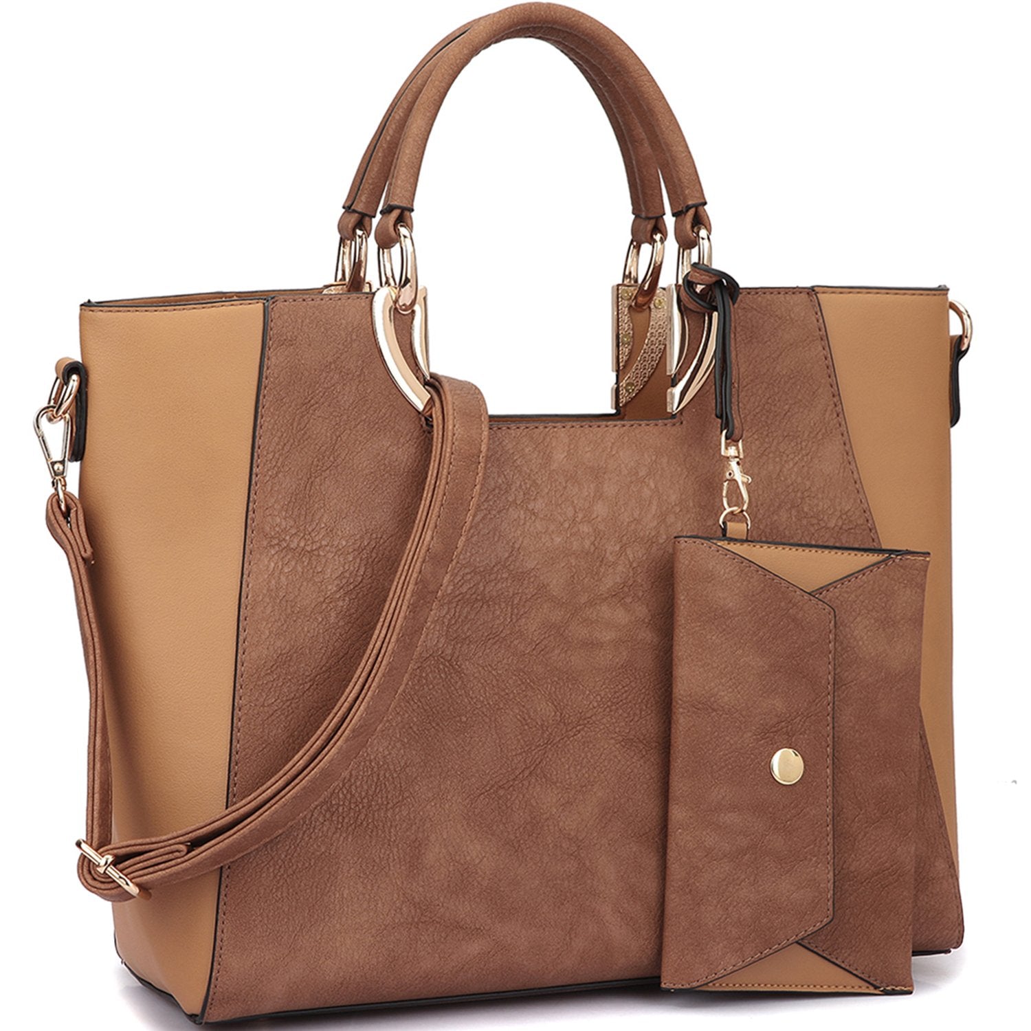 Women's Two-Tone Vegan Leather Tote Purse Large Top Handle Satchel Work Bag with Matching Wristlet