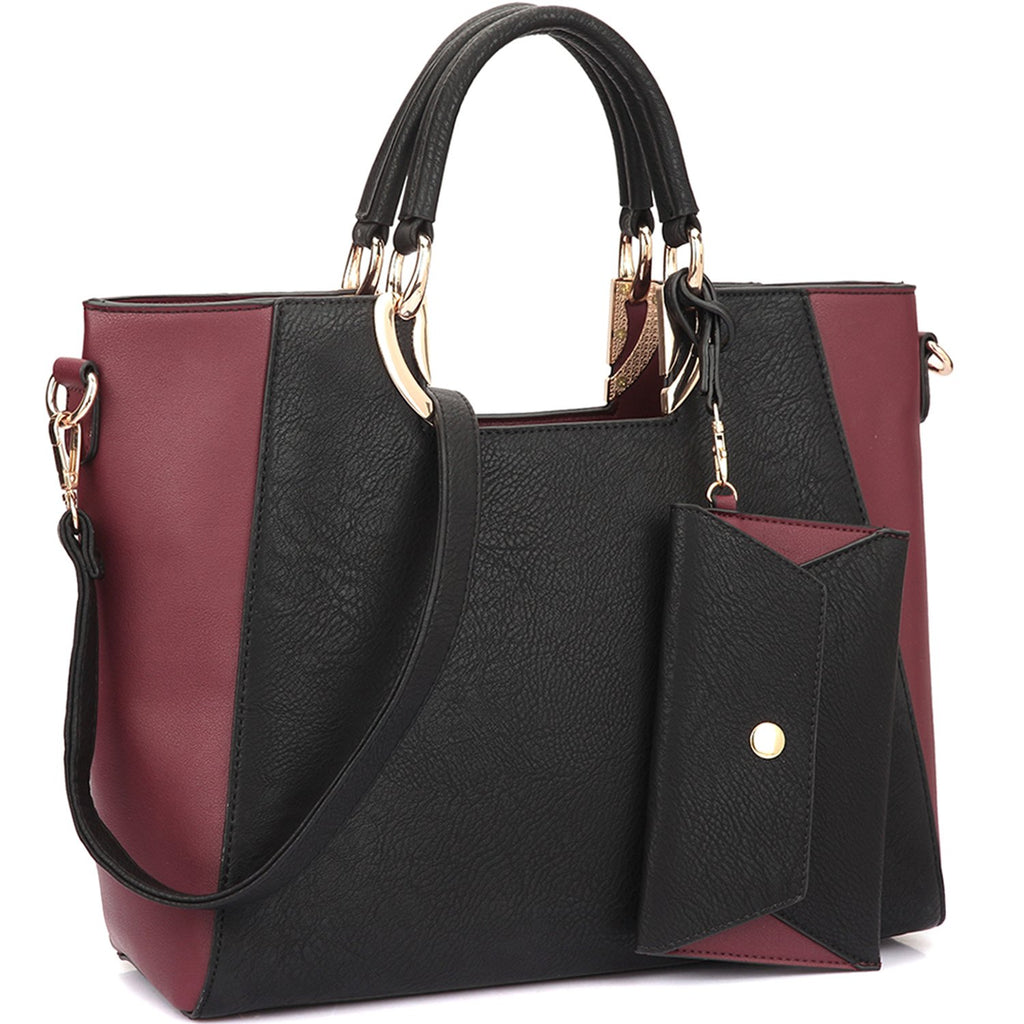 Women's Two-Tone Vegan Leather Tote Purse Large Top Handle Satchel Work Bag with Matching Wristlet