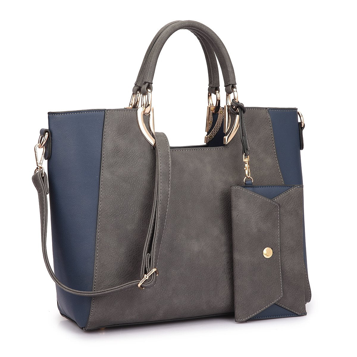 Women's Two-Tone Vegan Leather Tote Purse Large Top Handle Satchel Work Bag with Matching Wristlet