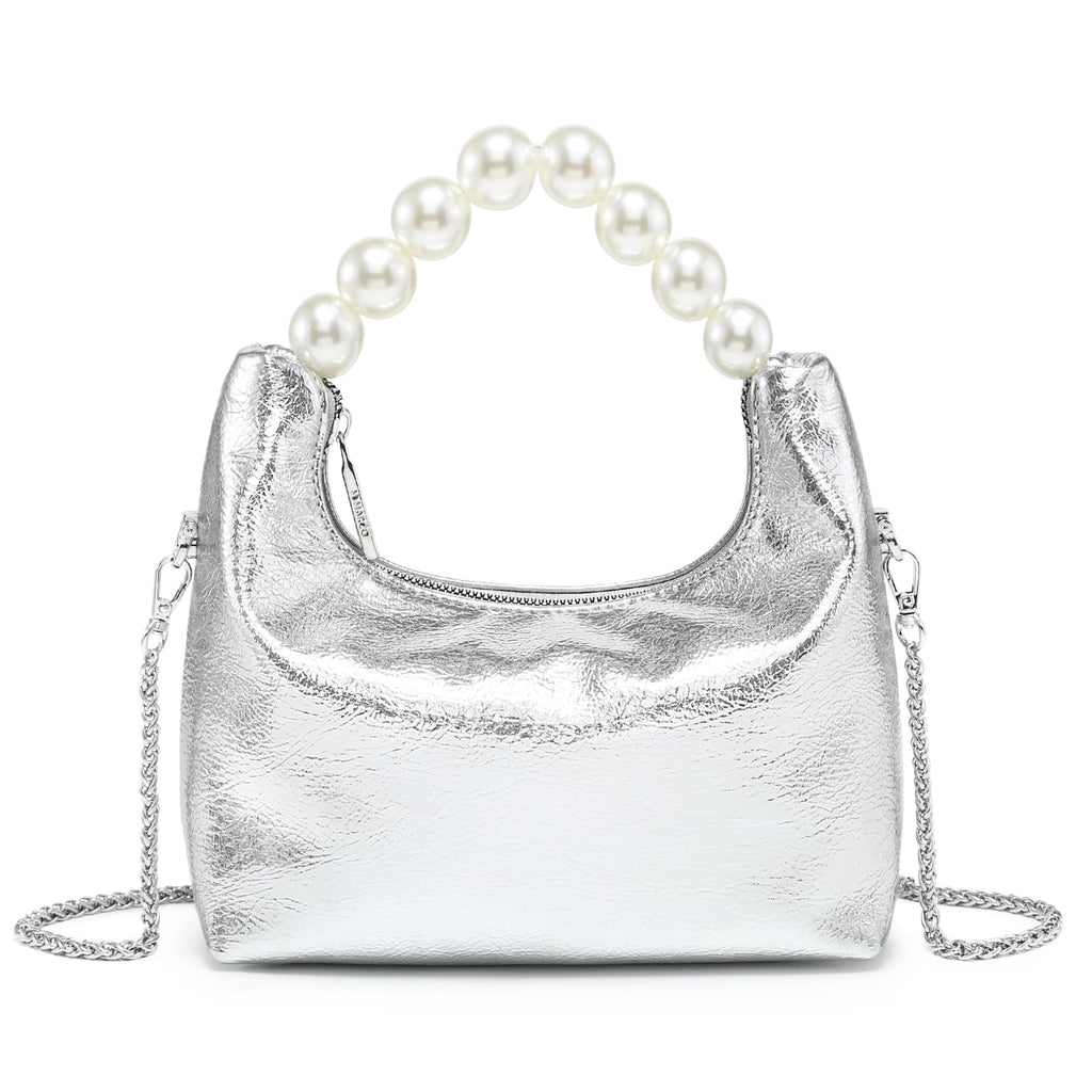 Pearl Handle Evening Clutch Purse for Women - Stylish Small Top Handle Handbags with Detachable Chain Strap for Wedding Party