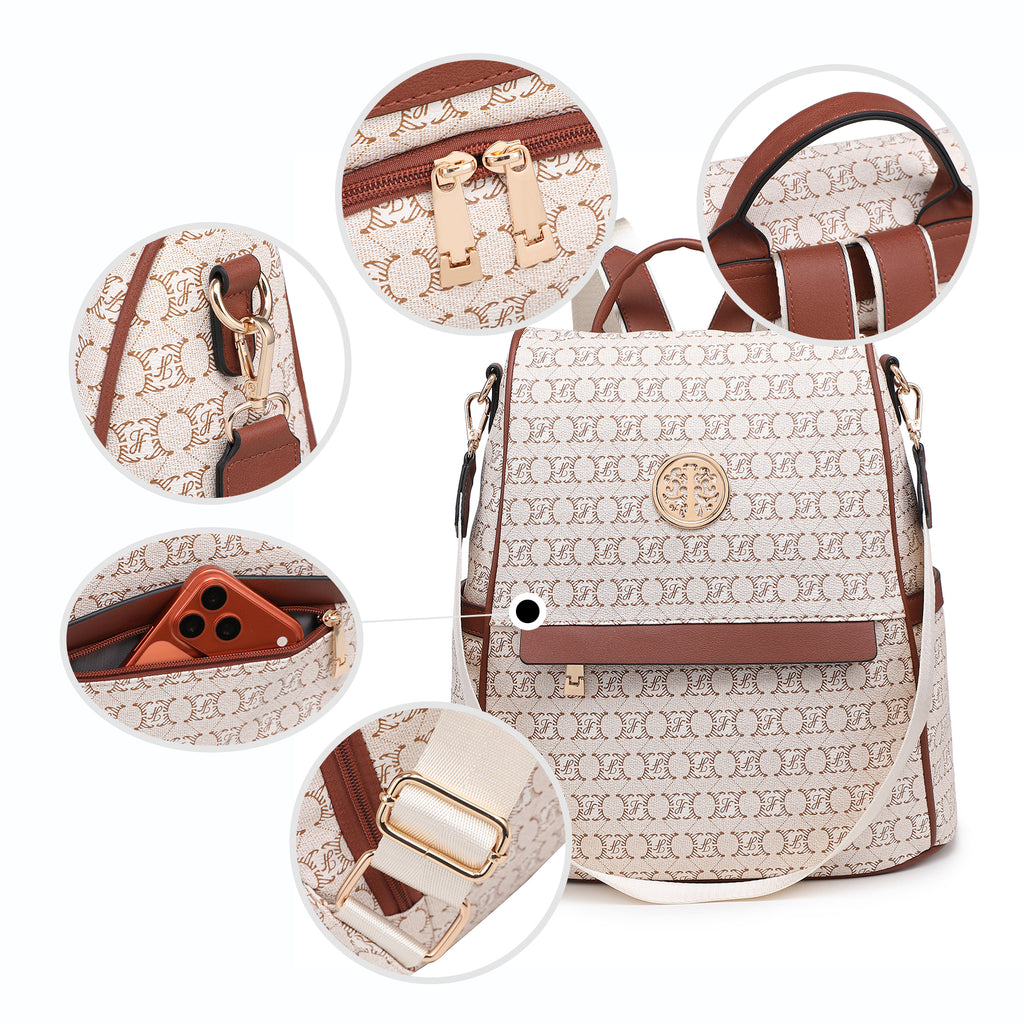 Women Fashion Backpack Purse Multi Pockets Signature Anti-Theft Rucksack Travel Ladies Shoulder Bag Handbag 2Pcs