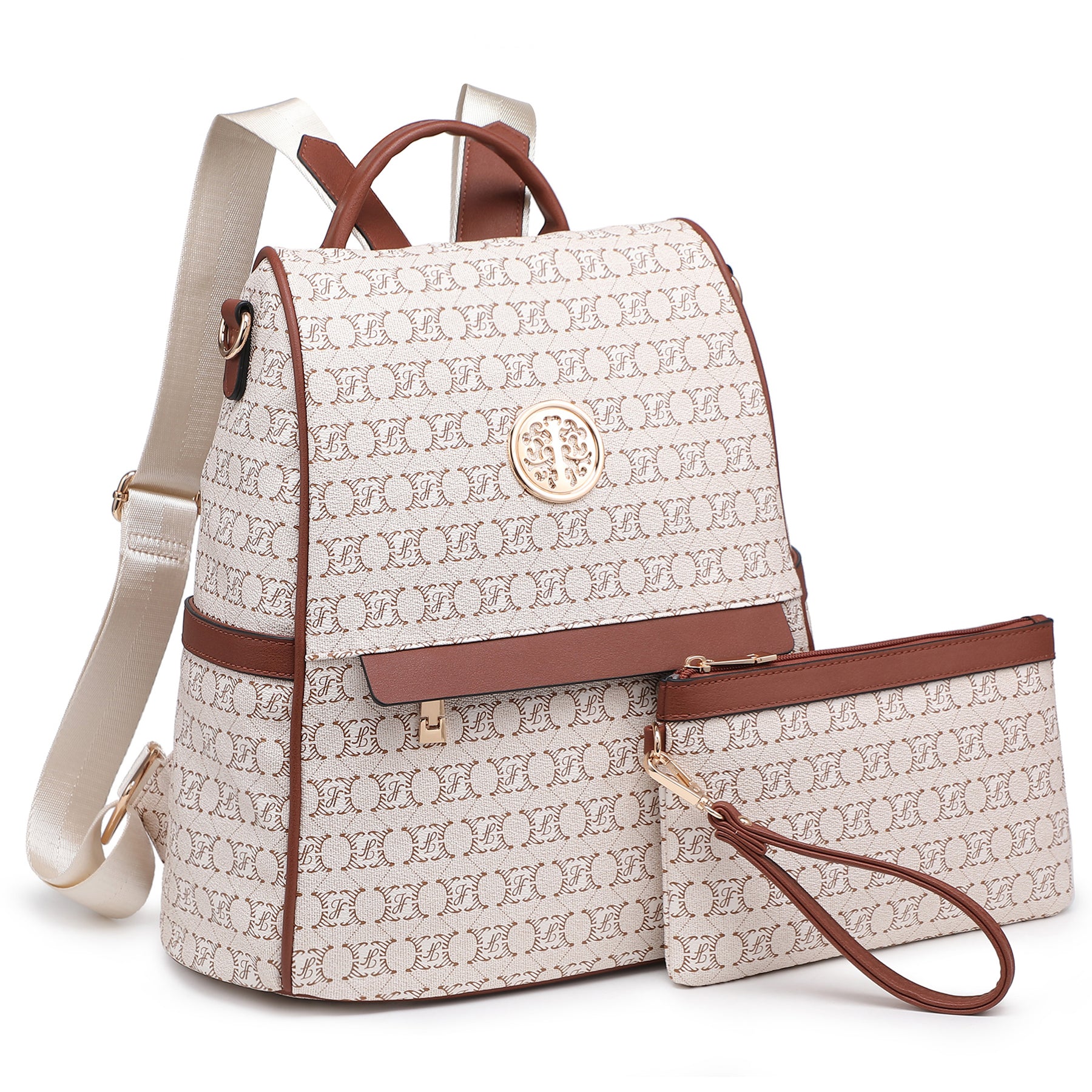 Women Fashion Backpack Purse Multi Pockets Signature Anti-Theft Rucksack Travel Ladies Shoulder Bag Handbag 2Pcs