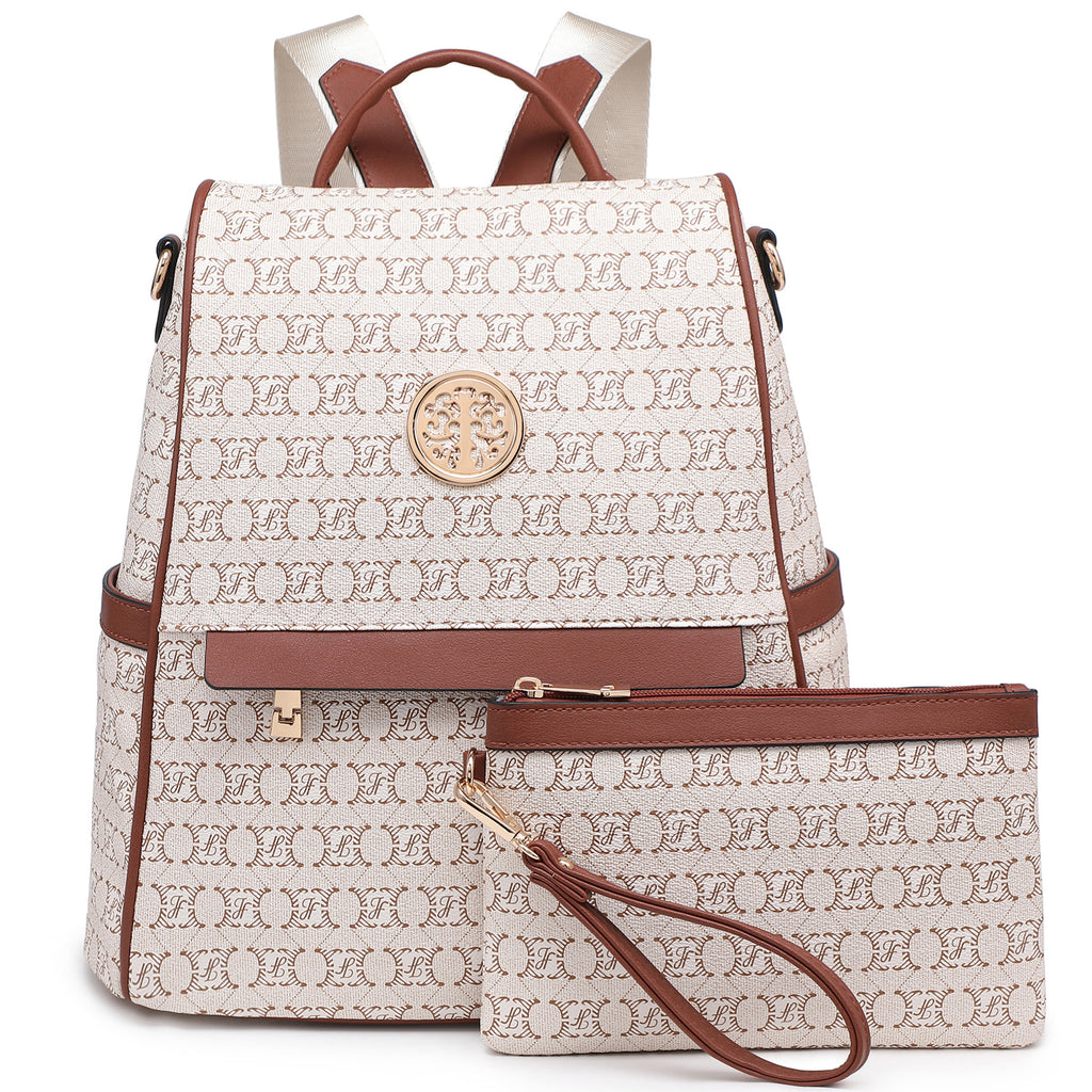 Women Fashion Backpack Purse Multi Pockets Signature Anti-Theft Rucksack Travel Ladies Shoulder Bag Handbag 2Pcs