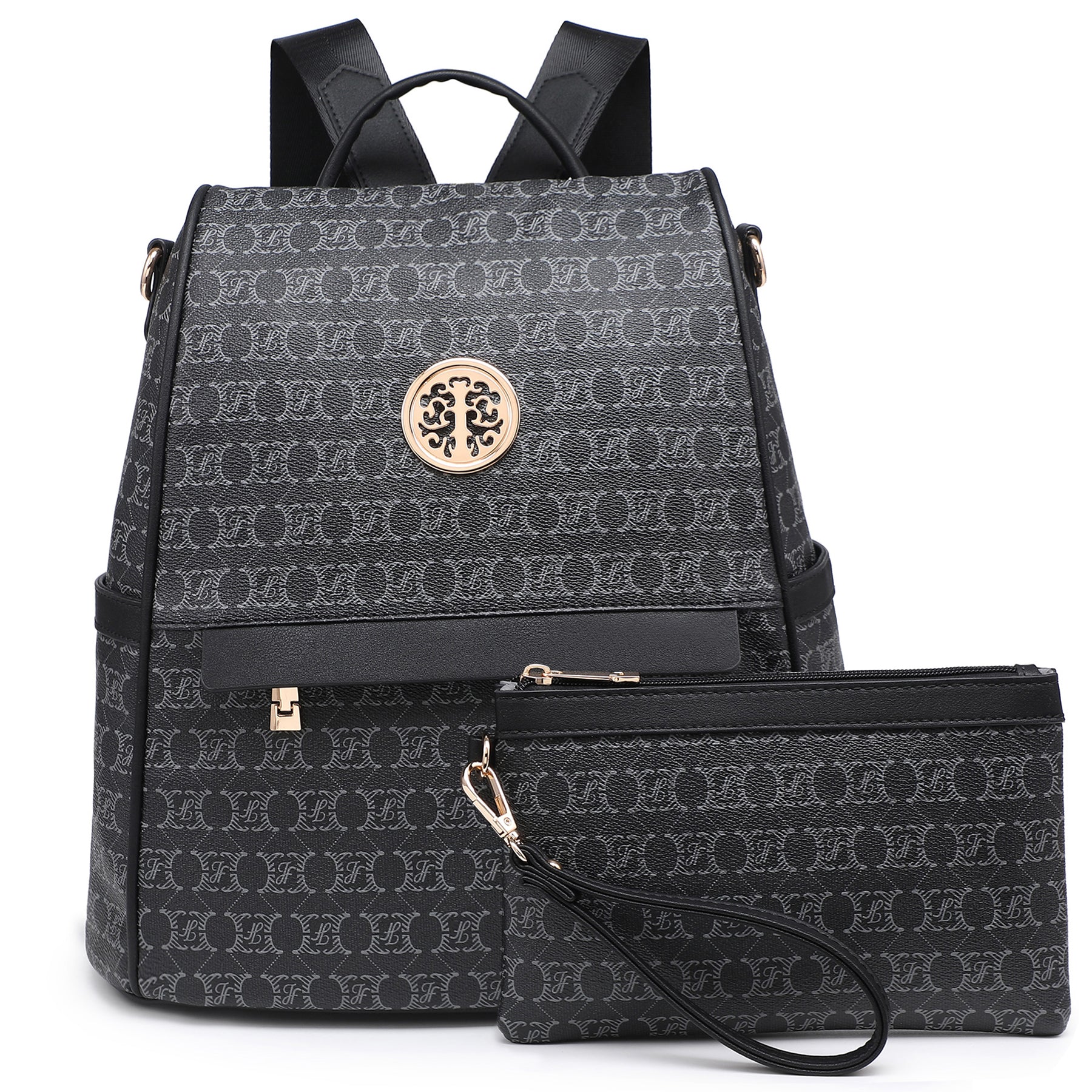 Women Fashion Backpack Purse Multi Pockets Signature Anti-Theft Rucksack Travel Ladies Shoulder Bag Handbag 2Pcs