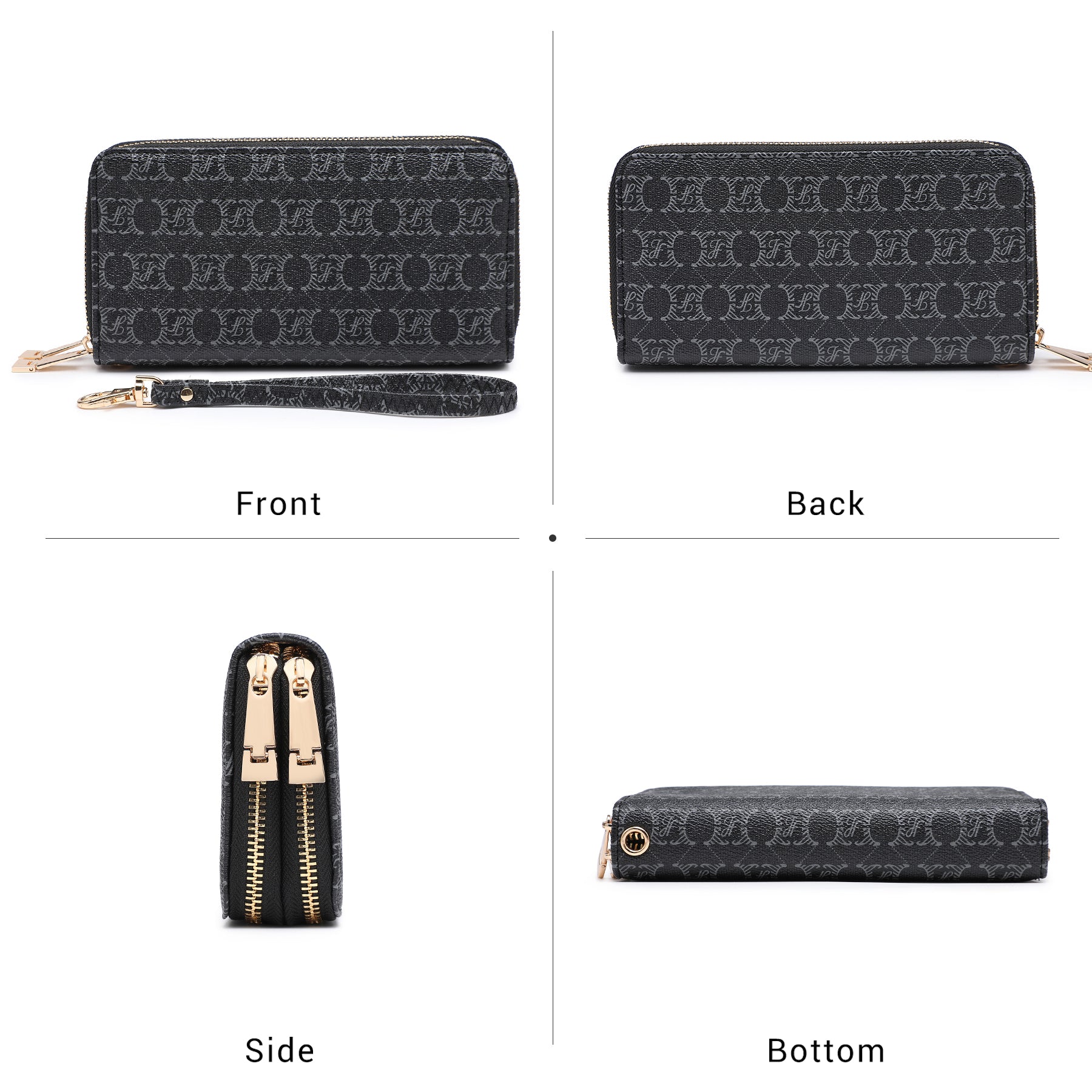 Womens Fashion Double Zip Around Wallet Jean Long Purse Credit Card Holder Bifold Ladies Cluth Wristlet Wrist Strap
