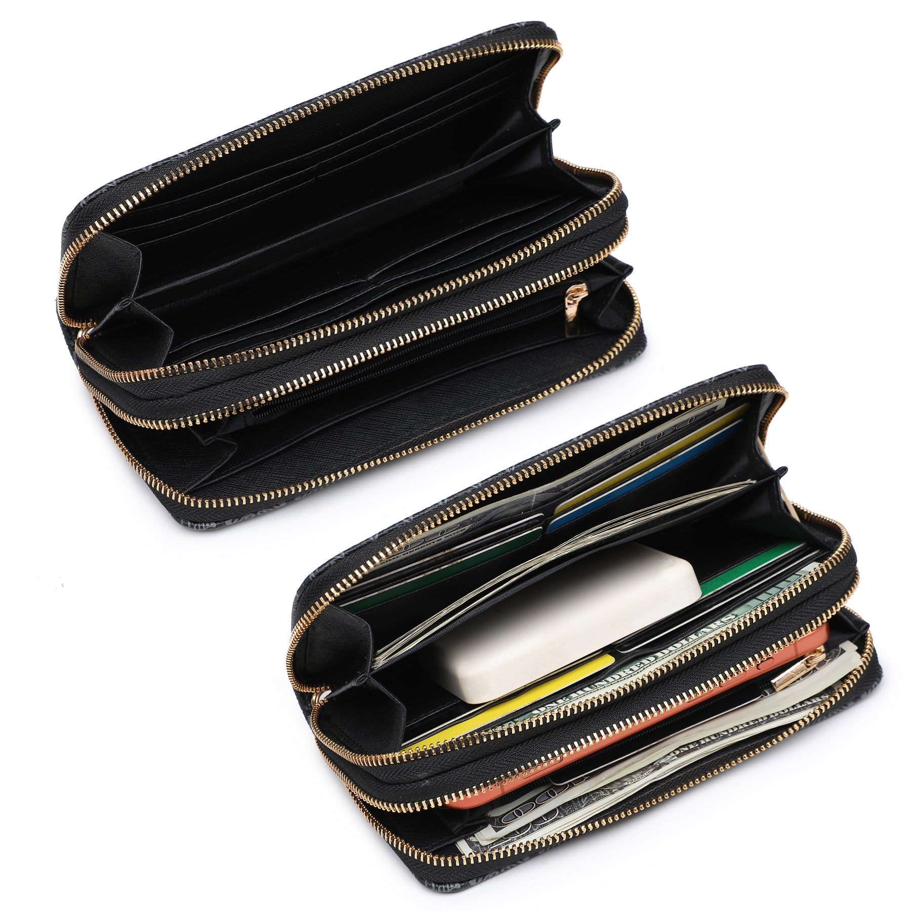Womens Fashion Double Zip Around Wallet Jean Long Purse Credit Card Holder Bifold Ladies Cluth Wristlet Wrist Strap